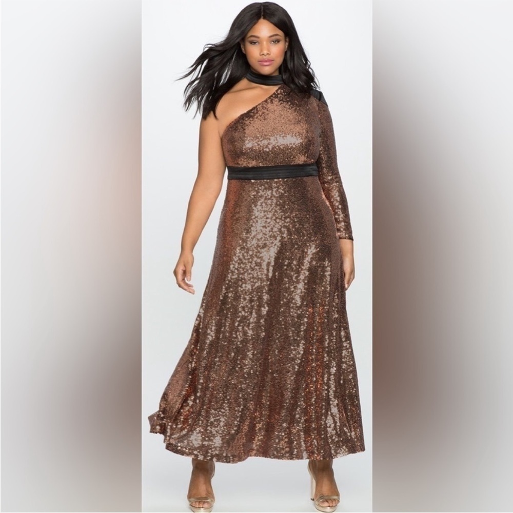 💗NEW NWT Eloquii Studio | One Shoulder Sequin Copper Dress | Formal Gown Maxi 16